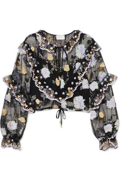 Shop Alice Mccall Ruffled Embroidered Tulle Blouse In Black