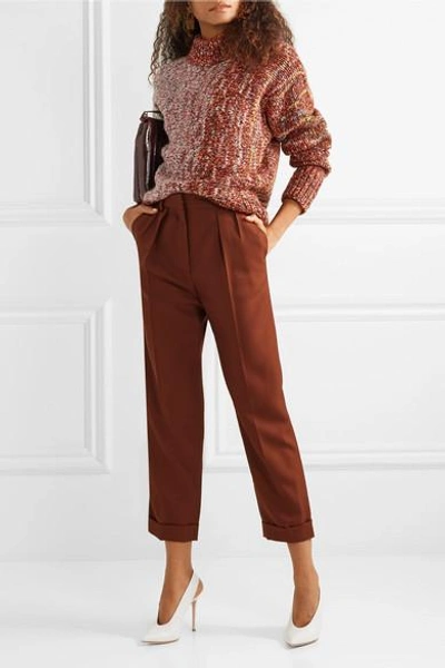 Shop Victoria Beckham Cropped Pleated Grain De Poudre Wool Tapered Pants In Brick