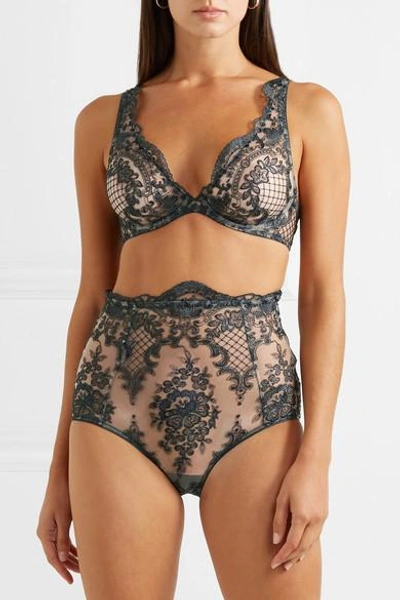 Shop Id Sarrieri La Rêveuse Satin-trimmed Embroidered Stretch-tulle Briefs In Anthracite