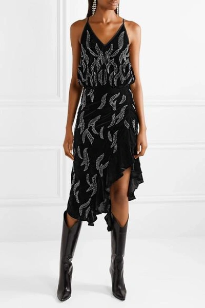 Shop Dodo Bar Or Asymmetric Embellished Velvet Midi Dress In Black