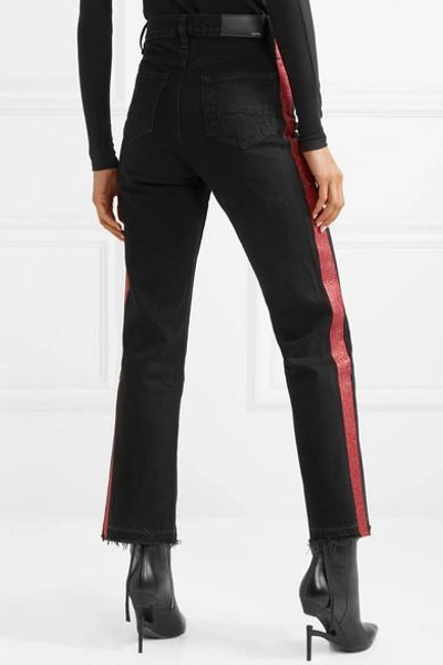 Shop Amiri Frayed Lurex-trimmed High-rise Straight-leg Jeans In Black