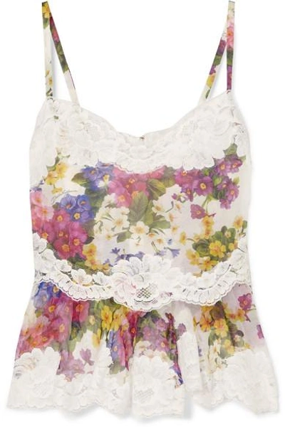 Shop Dolce & Gabbana Lace-trimmed Floral-print Silk-blend Camisole In White