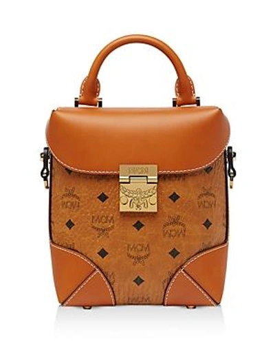 Shop Mcm Soft Berlin Visetos Medium North/south Crossbody In Cognac Brown/gold