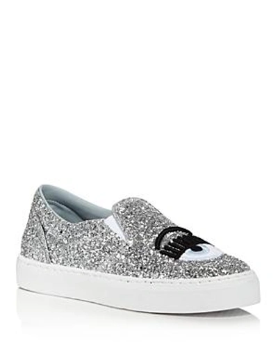 Shop Chiara Ferragni Women's Glitter Leather Slip On Sneakers In Silver