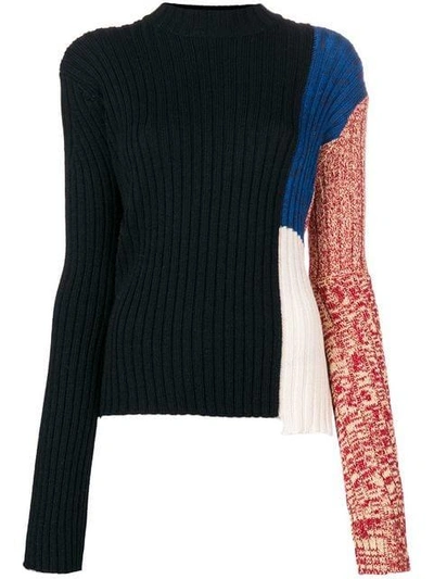Calvin Klein 205w39nyc Mock-neck Long-sleeve Patchwork Ribbed Wool Sweater In Black