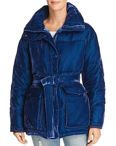 Shop Sjyp Velvet Puffer Down Coat In Dark Blue