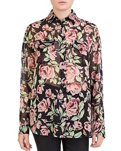 Shop The Kooples Silk Rose-print Shirt In Black/pink