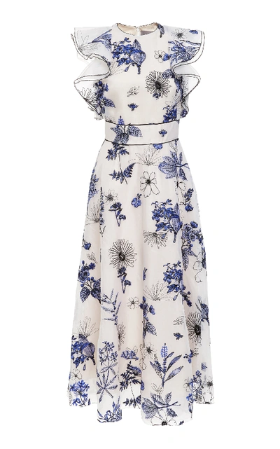 Shop Lela Rose Ruffled Floral-print Silk-chiffon Midi Dress In Multi