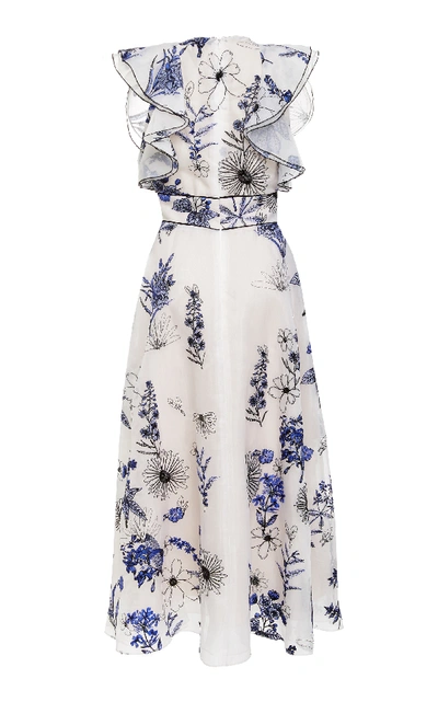 Shop Lela Rose Ruffled Floral-print Silk-chiffon Midi Dress In Multi