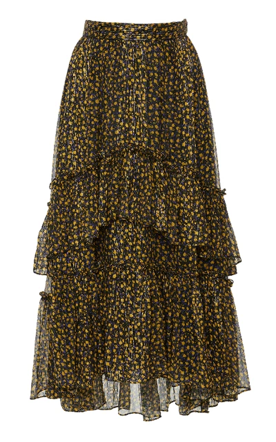 Shop Ulla Johnson Maria Floral Silk-chiffon Midi Skirt In Black