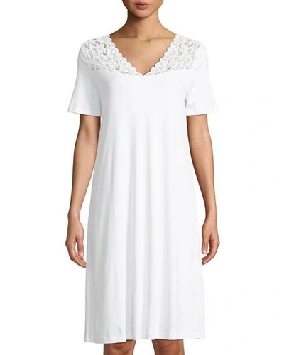 Shop Hanro Short-sleeve Lace-trim Nightdress In White