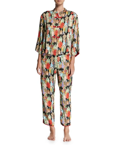 Shop Natori Two-piece Dynasty Printed Pajamas In Black