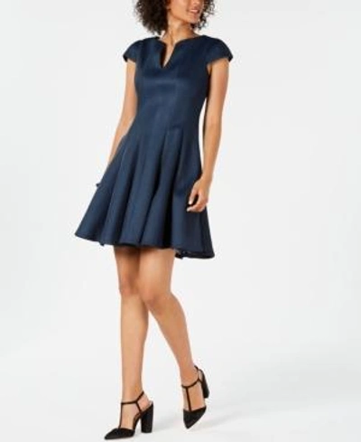 Shop Julia Jordan Cap-sleeve Mesh Fit & Flare Dress In Blue