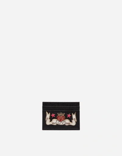 Shop Dolce & Gabbana Dauphine Calfskin Credit Card Holder With Embroidery Patch In Black