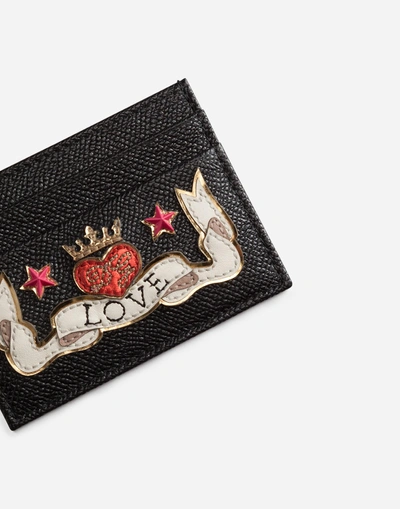 Shop Dolce & Gabbana Dauphine Calfskin Credit Card Holder With Embroidery Patch In Black
