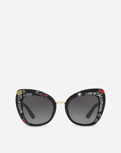 Shop Dolce & Gabbana Butterfly Sunglasses In Acetate With Graffiti Print In Black With Graffiti Print