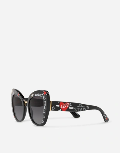 Shop Dolce & Gabbana Butterfly Sunglasses In Acetate With Graffiti Print In Black With Graffiti Print