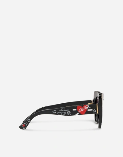 Shop Dolce & Gabbana Butterfly Sunglasses In Acetate With Graffiti Print In Black With Graffiti Print