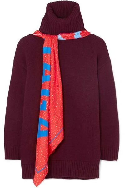 Shop Balenciaga Printed Silk Scarf-detailed Wool Sweater In Burgundy