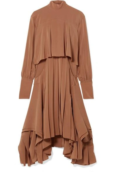 Shop Chloé Asymmetric Pleated Silk Crepe De Chine Turtleneck Dress In Brown