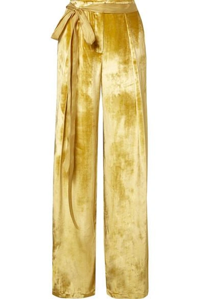 Shop Adam Lippes Moire-trimmed Velvet Wide-leg Pants In Yellow