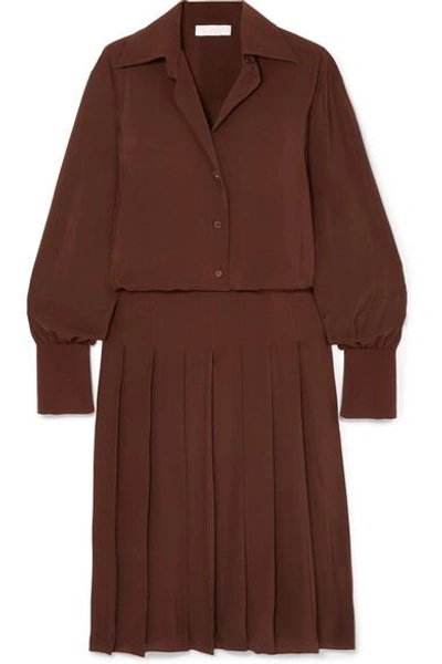 Shop Chloé Pleated Silk Crepe De Chine Dress In Brown