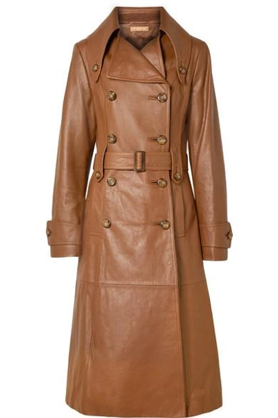 Shop Michael Kors Belted Leather Trench Coat In Brown