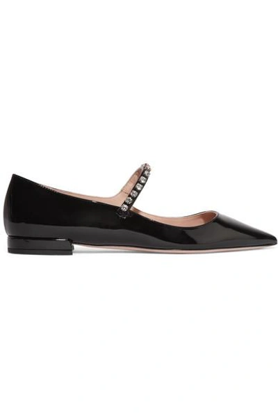 Shop Miu Miu Crystal-embellished Patent-leather Point-toe Flats In Black