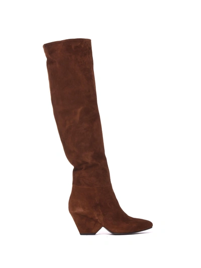 Shop Vic Matie Leather Stove Pipe Boots With Shell-shaped Heel In Tobacco