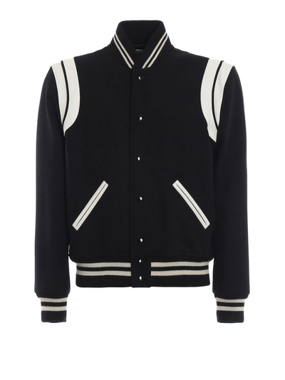 Shop Saint Laurent Iconic Teddy 2 Bandes Jacket In Black/white