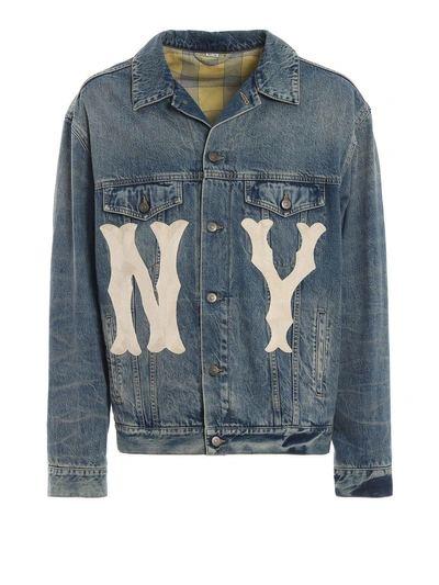 Shop Gucci Stone Washed Denim Jacket W-prnt & Ptch In Blue-ivory