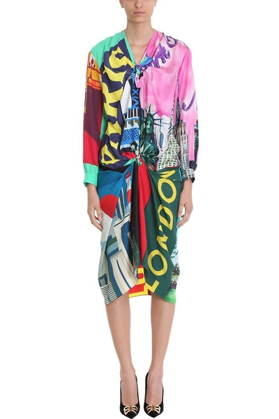 Shop Balenciaga Draped Multicolor Print Silk Dress