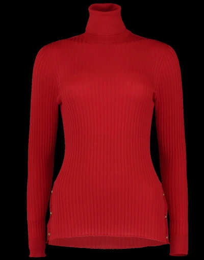 Shop Versace Ribbed Knit Turtleneck Top In Red