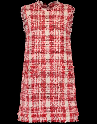 Shop Msgm Tweed Shift Dress In Red-wht