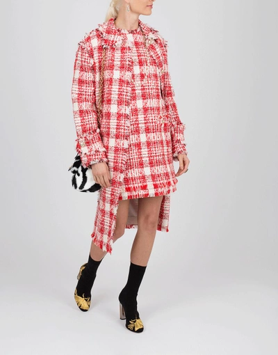 Shop Msgm Tweed Shift Dress In Red-wht