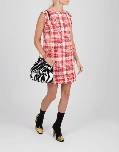 Shop Msgm Tweed Shift Dress In Red-wht