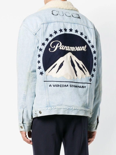 Shop Gucci Paramount Print Denim Jacket In Blue