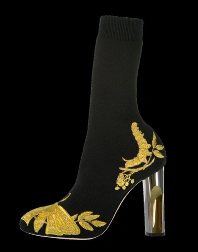 Shop Alexander Mcqueen Gold Embroidery Stretch Bootie In Blk-gld