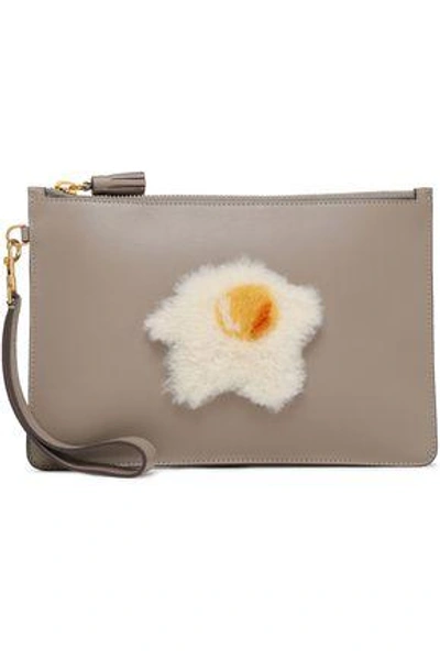 Shop Anya Hindmarch Shearling-trimmed Leather Pouch In Taupe