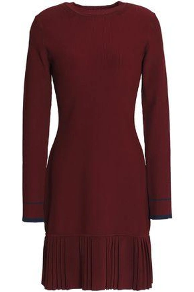 3.1 Phillip Lim Woman Pleated Stretch Ribbed-knit Mini Dress Burgundy In Burgundy