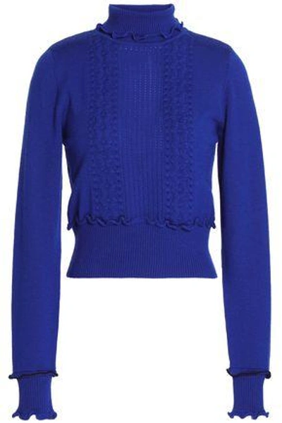 Shop 3.1 Phillip Lim / フィリップ リム Woman Ruffle-trimmed Pointelle-knit Wool-blend Turtleneck Sweater Bright Blue