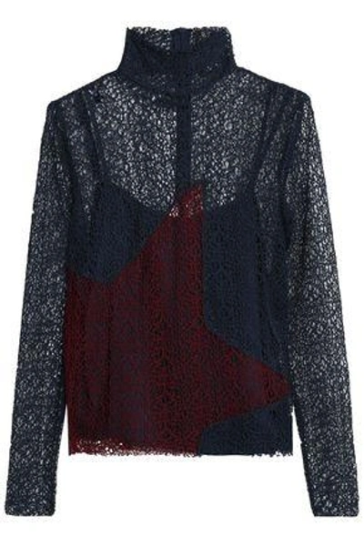 Shop House Of Holland Woman Color-block Corded Lace Turtleneck Top Navy