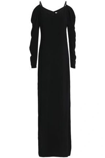 Shop Halston Heritage Cold-shoulder Bead-embellished Crepe Gown In Black
