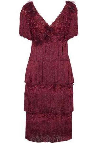Shop Marchesa Notte Fringed Embellished Tulle Dress In Claret