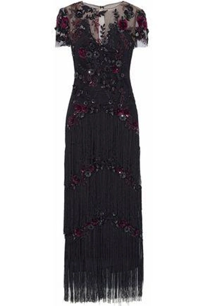 Shop Marchesa Notte Woman Fringed Embellished Tulle Midi Dress Black