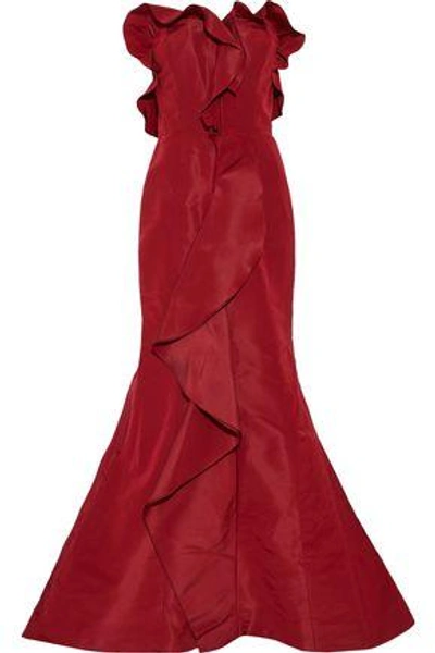 Shop Oscar De La Renta Woman Strapless Ruffled Silk-faille Gown Claret
