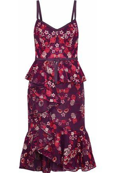 Shop Marchesa Notte Ruffled Tulle-paneled Embroidered Cady Dress In Plum