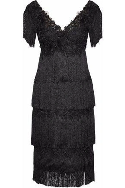 Shop Marchesa Notte Fringed Embellished Tulle Dress In Black