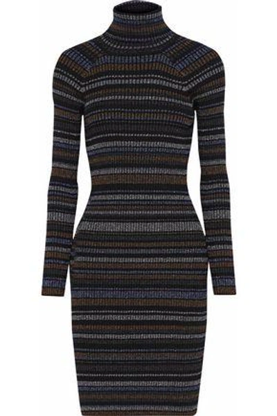 Shop Milly Woman Metallic Striped Ribbed-knit Mini Dress Charcoal