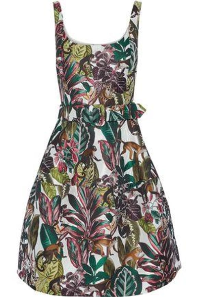 Shop Oscar De La Renta Woman Flared Belted Jacquard Dress Multicolor